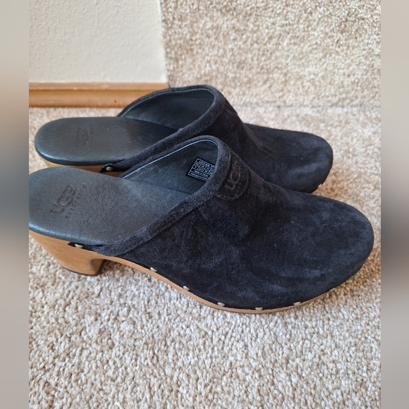 UGG Black Suede/Wood Clogs bohemian Sherpa lined winter cabin chic Womens Size 7 - Picture 3 of 9